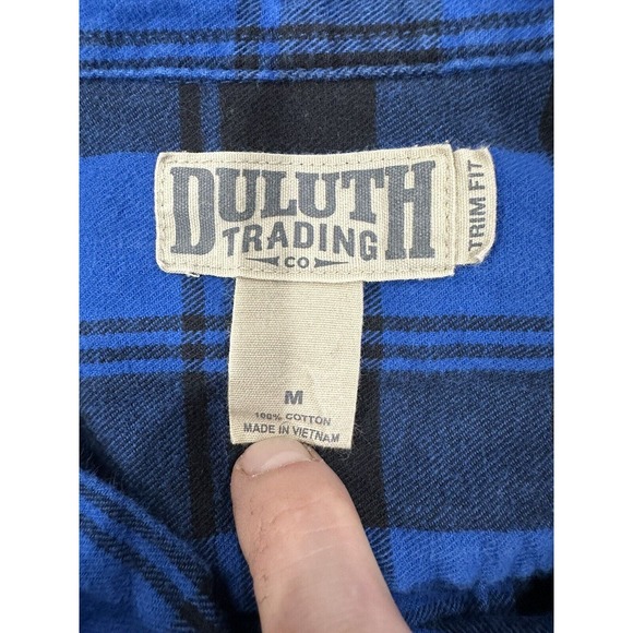 Duluth Trading Shirt Mens Medium Trim Fit Blue Black Plaid Button Down Flannel - Picture 6 of 8